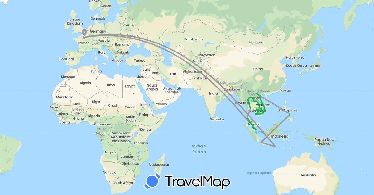 TravelMap itinerary: driving, bus, plane in France, Indonesia, Cambodia, Laos, Malaysia, Philippines, Singapore, Thailand, Vietnam (Asia, Europe)